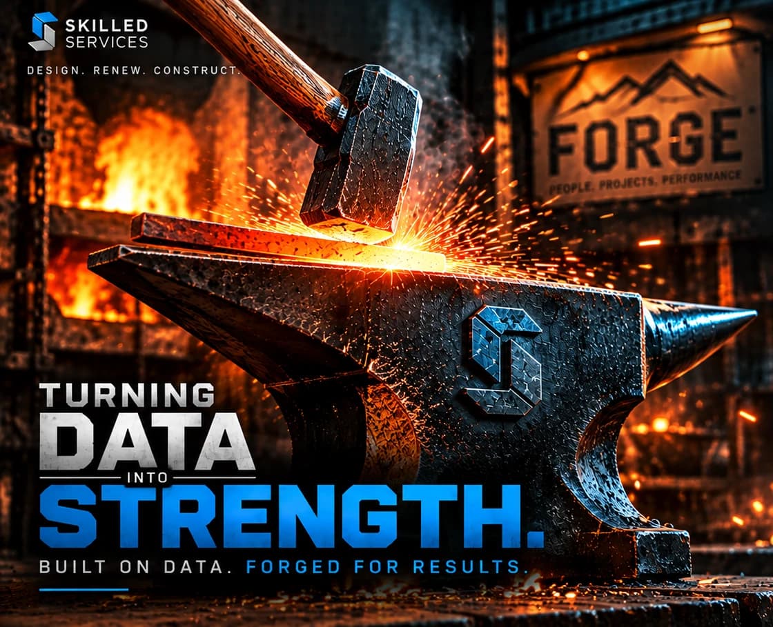 A hammer striking glowing steel on an anvil marked with the Skilled Services S. Turning data into strength. Built on data, forged for results.